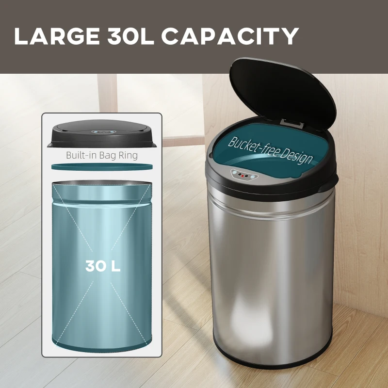 HOMCOM 50-litrowy kosz na śmieci z funkcją Soft-Close, bezdotykowy kosz ze stali nierdzewnej dla higienicznych kuchni, biur, kolor srebrny