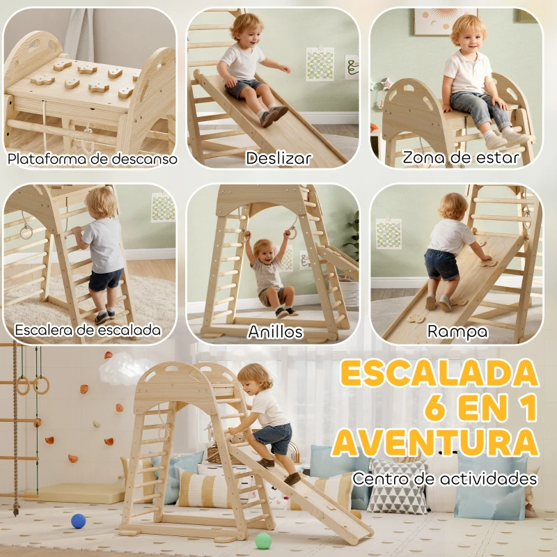 AIYAPLAY 6 en 1 Triángulo de Escalada Montessori con Plataforma y Anillos Estructura de Escalada de Madera con Tobogán Natural