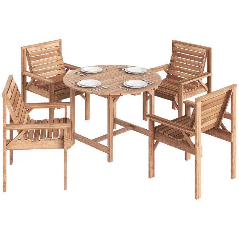 Outsunny Wooden Garden Furniture Set Seating Set Round Table with 4 Wide Chairs Umbrella Hole Slatted Look Natural Wood