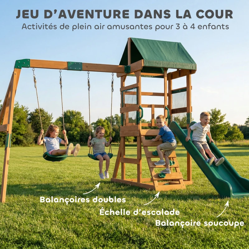 AIYAPLAY Aire de Jeux portique en Bois avec 2 balançoires et Toboggan, Mur d'Escalade et Terrasse Couverte, pour 3 à 8 Ans
