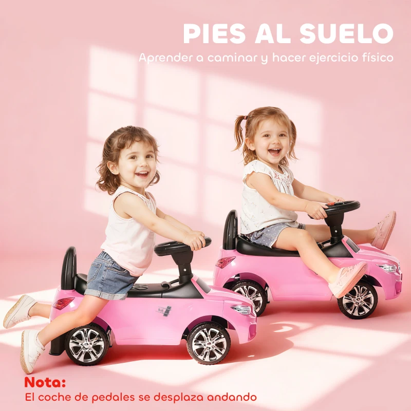 HOMCOM Coche Correpasillos para Niños de 18-36 Meses con Faros Música Bocina Volante Espacio de Almacenaje y Asa Rosa