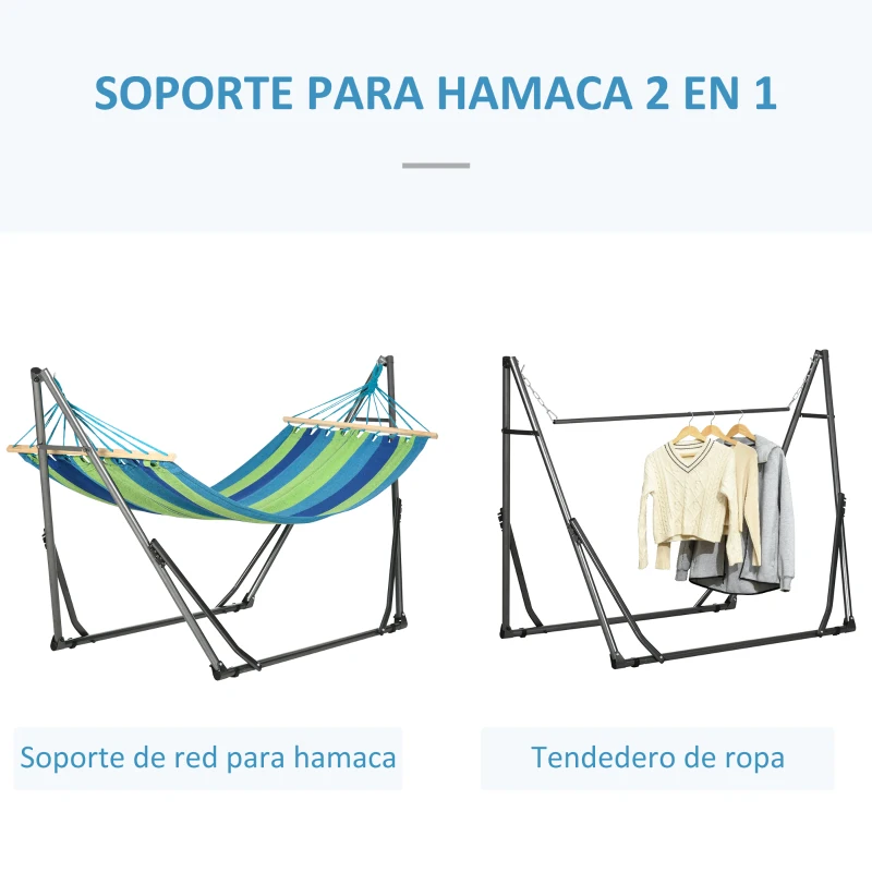 Outsunny Hamaca con Soporte Plegable 2 en 1 Tendedero con Barra Estructura de Acero para Jardín 270x100x94 cm Azul y Verde