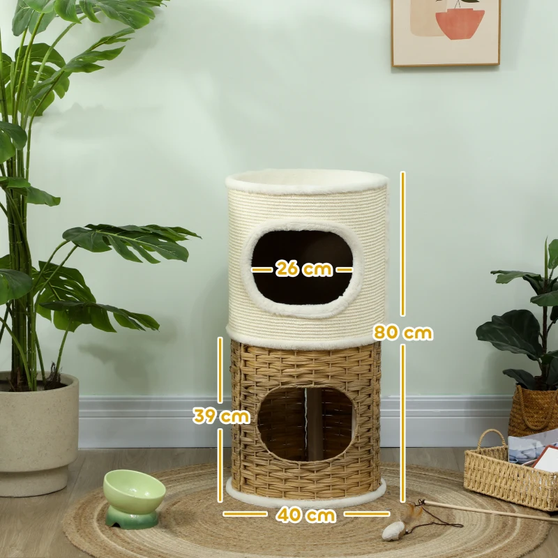 PawHut Cat Scratching Barrel, 3-Level Cat Tree Tower with Sisal Scratching Post, 2 Entrances, 80H cm, Cream
