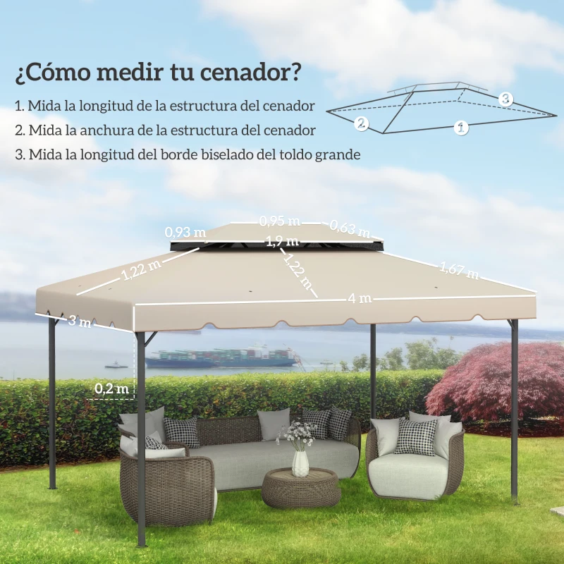 Outsunny Toldo de Recambio para Cenador 4x3 m con Techo Doble Orificios de Drenaje Solo Toldo NO Incluye Marco Beige
