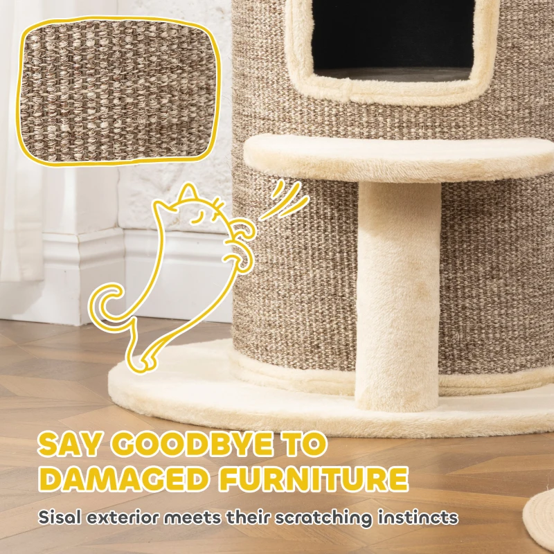 PawHut Cat Barrel 61H cm, 2-Level Small Cat Tree with Jumping Platform, 2 Caves, Sisal Scratching Exterior, for Lounging and Playing, Beige