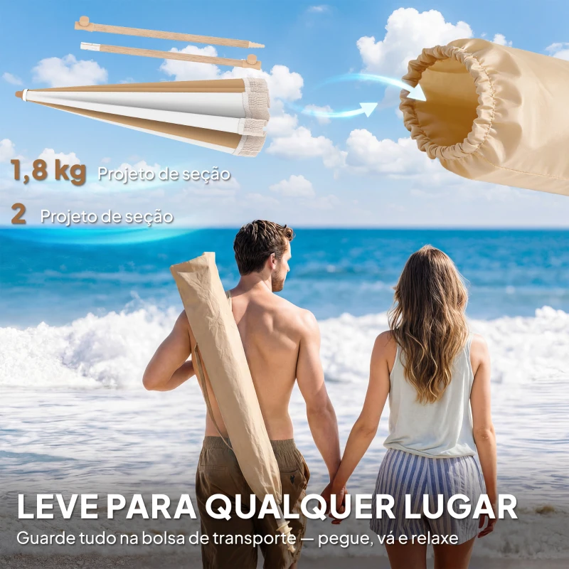 Outsunny Chapéo de Sol de Praia com Franjas Ø175 cm Chapéu de Sol de Terraço Exterior com Altura Ajustável Inclinação de 30° em Branco e Bege