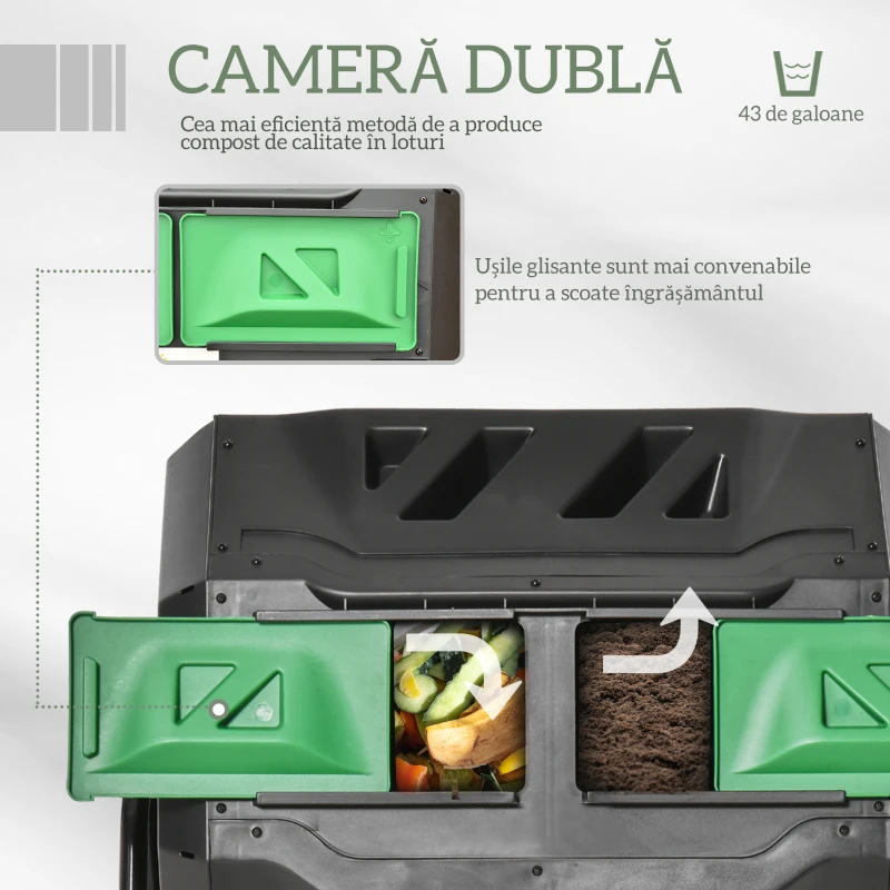 Outsunny Compostor Rotativ cu 2 Secțiuni și 8 Prize de Aerisire din Oțel și PP, 160L, 71x65x96 cm, Gri