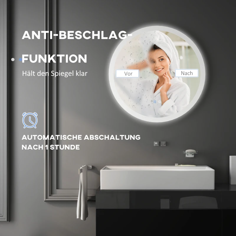 kleankin Badezimmerspiegel Badspiegel mit LED-Licht Berührungssensor Antibeschlagfunktion