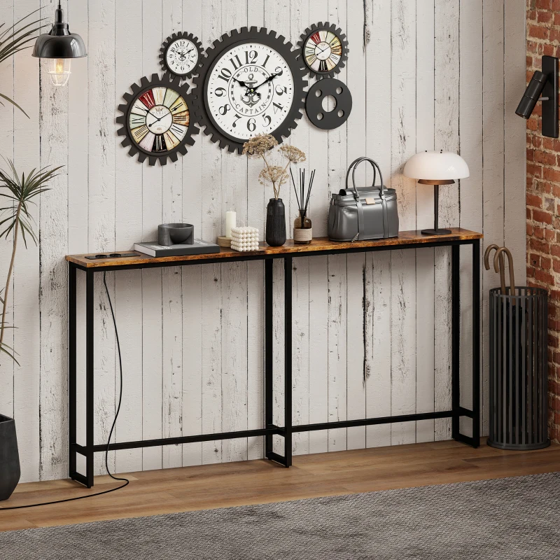 HOMCOM Schlanker Konsolentisch mit Ladestation, Industriestil, Stahlrahmen, Braun