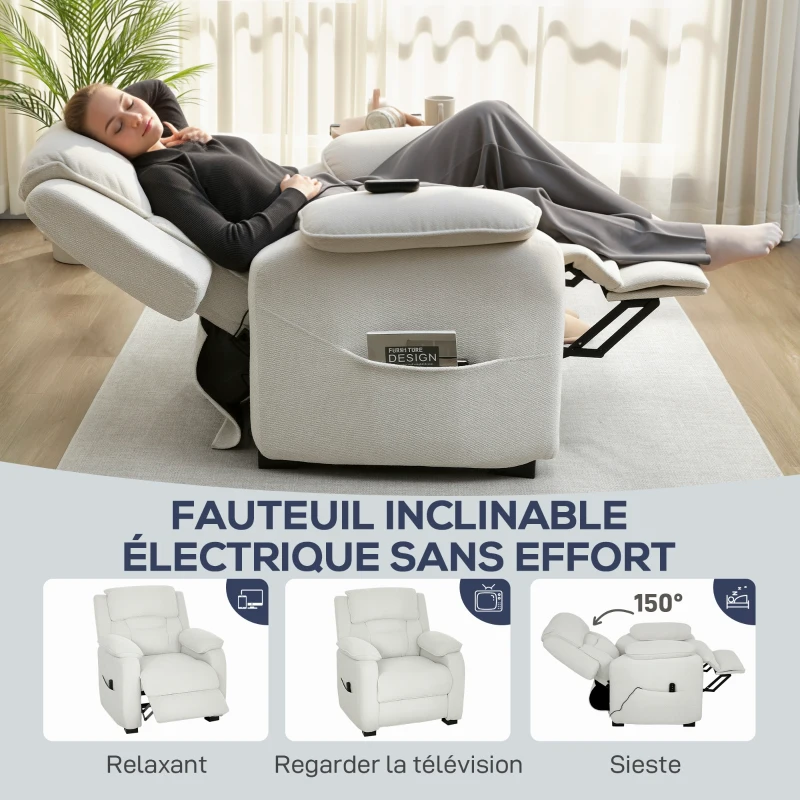 HOMCOM Fauteuil relax électrique fauteuil inclinable port USB repose-pieds poches latérales télécommande 86x90x103cm crème(m-4)