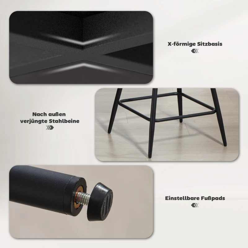 HOMCOM 2er-Set Barstühle mit Cordbezug und Stahlbeinen, Polsterstühle für Kücheninsel, Esszimmer, Grau