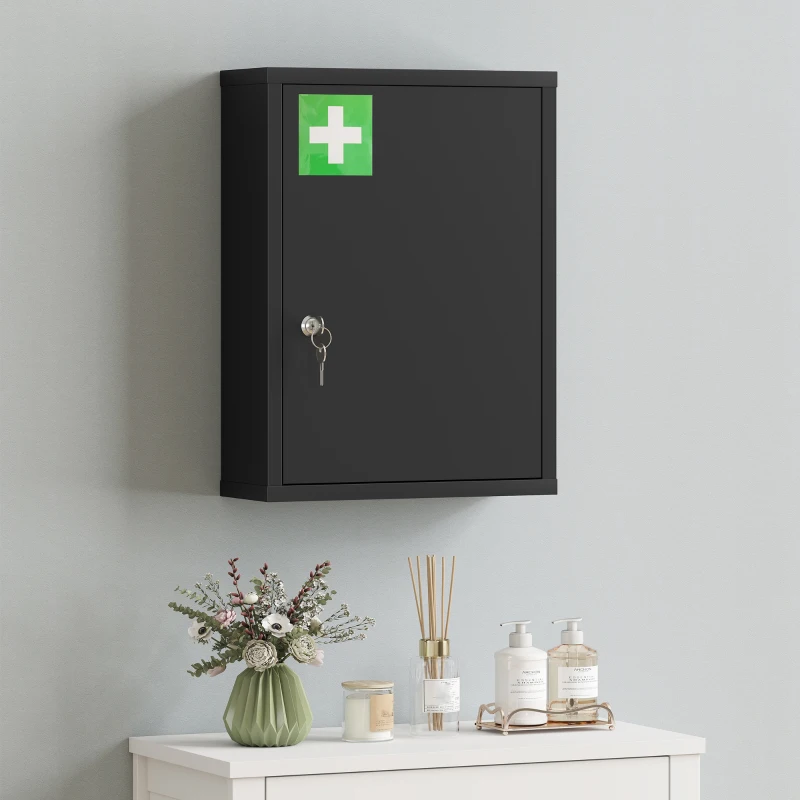 kleankin Medizinschrank zur Wandmontage mit Schloss, 3-stufiger Stahl-Wandschrank, 40 x 15 x 53,5 cm, Schwarz