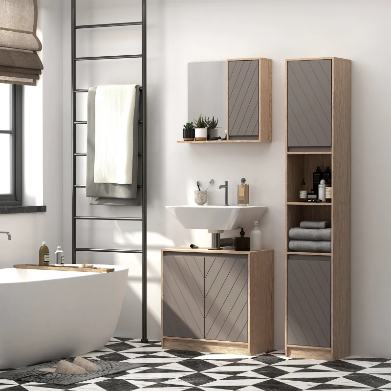 HOMCOM Armadietto Pensile per il Bagno Grigio e Rovere, 57 x 14.2 x 49.2cm