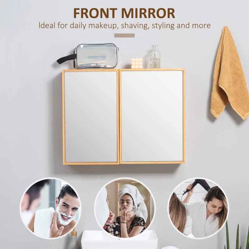 kleankin Szafka lustrzana, wisząca, bambusowa, 3 półki wewnętrzne