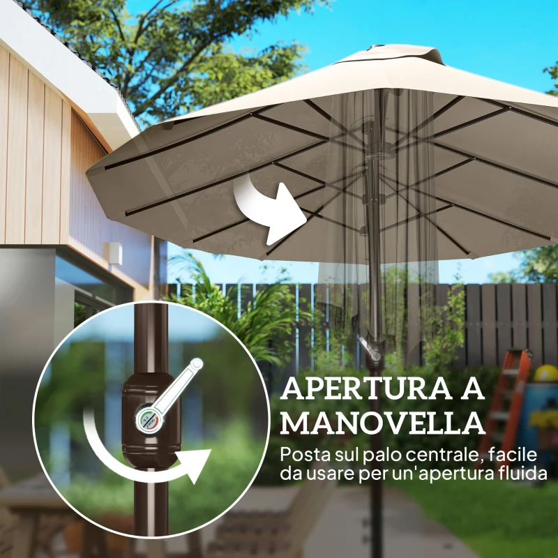 Outsunny Ombrellone da Giardino Doppio a 12 Stecche con Base a Croce e Apertura a Manovella, Ombrellone da Terrazzo con Sacchi di Sabbia, in Acciaio e Poliestere, 455x265x238 cm, Cachi