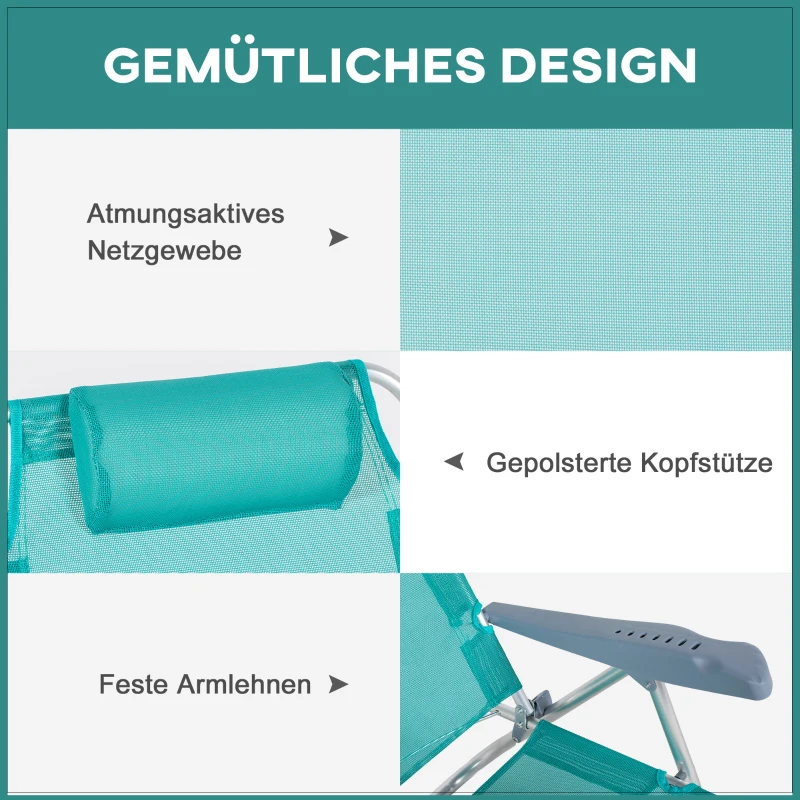 Outsunny 2-delige set inklapbare campingstoelen met 6-voudig verstelbare rugleuning en hoofdsteun, 62 x 65 x 80 cm, turquoise
