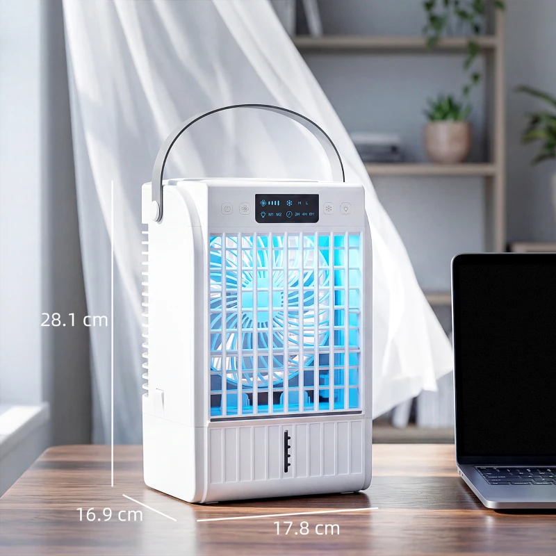 HOMCOM Ventilator de birou cu lumină RGB, nebulizator și umidificator cu 4 viteze, rezervor de apă de 1,5 L, Alb