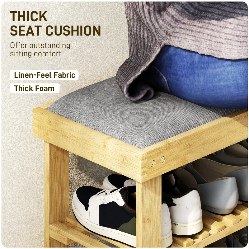 HOMCOM Ławka na buty z siedziskiem, bambusowa ławka z miejscem na obuwie, 2 otwarte półki, 60 x 29 x 49 cm, szara