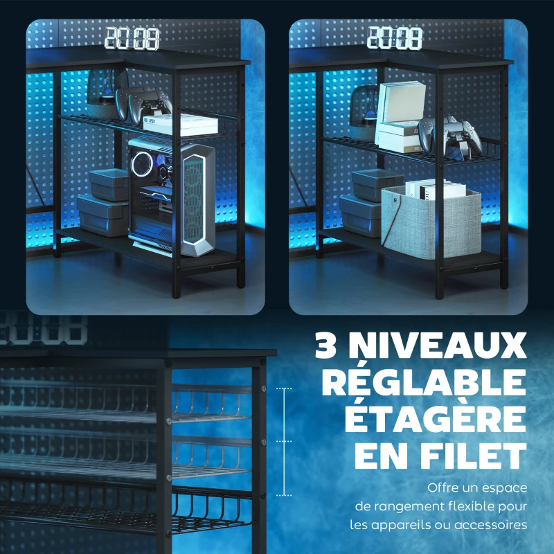 HOMCOM Bureau gaming réversible, bureau gaming d'angle, support pour écran, étagère en maille réglable, 114,5x82x91,5cm, noir