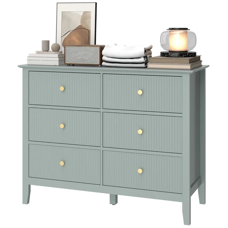 HOMCOM Fluted Dresser, 6 Drawer Chest of Drawers for Bedroom, Living Room, Hallway, Closet, Green