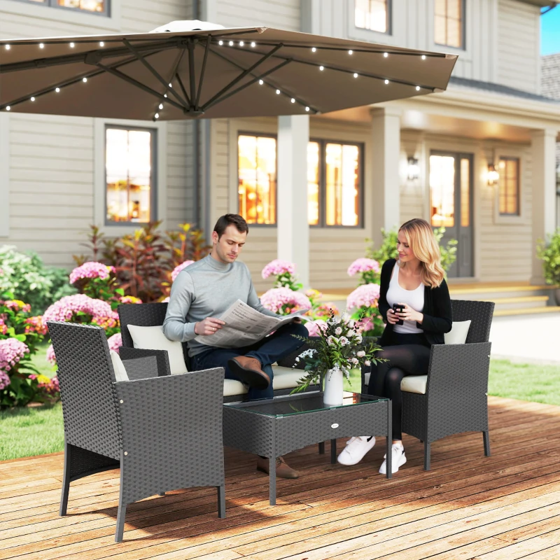 Outsunny Conjunto de Jardim de Vime Sintético com 2 Poltronas 1 Sofá de 2 Lugares 1 Mesa de Centro e Almofadas Preto e Branco