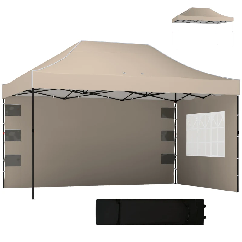 Outsunny Gazebo 3 x 4,3 m, UPF50+ Toit, Parois, Sac à roulettes, Tente de jardin, Brun sable