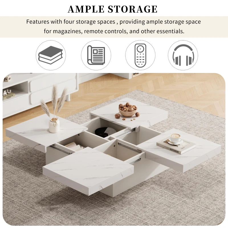 Modern Square Coffee Table with 4 Drawers and Sliding Surface, Space-Saving Center Table for Living Rooms, 90L x 90W x 25H cm, White