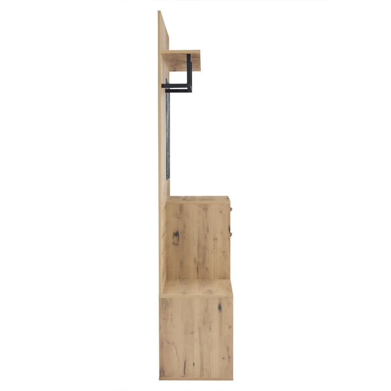 7-In-1 Coat Rack with 2 Shoe Compartments and Semi-open Shelves, High-gloss Cabinet with Mirror, 100L x 38.5W x 190H cm, White+Oak