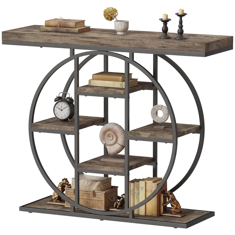 HOMCOM Industrial Console Table with Storage Shelves - Rustic Brown