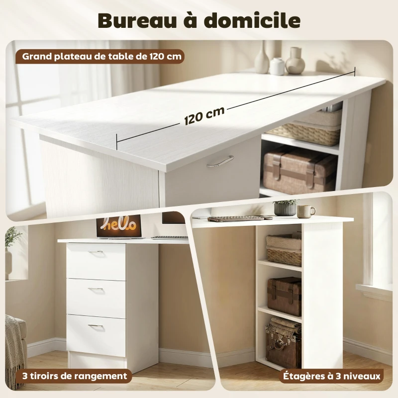 HOMCOM Bureau d'ordinateur avec 3 tiroirs et 3 étagères ouvertes, 120x49x72cm, bureau avec rangement réversible, style moderne, table informatique pour chambre, petit espace, télétravail, blanc