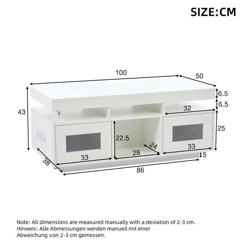 Modern Coffee Table with App-Controlled LED and USB Port, Space-Saving Unit with Acrylic Cabinets and Storage, 100L x 50W x 43H cm, White