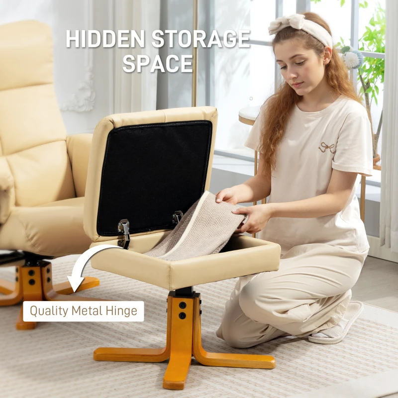 HOMCOM PU Leather Swivel Recliner Chair with Footstool, Wooden Base and Storage for Living Room, Beige