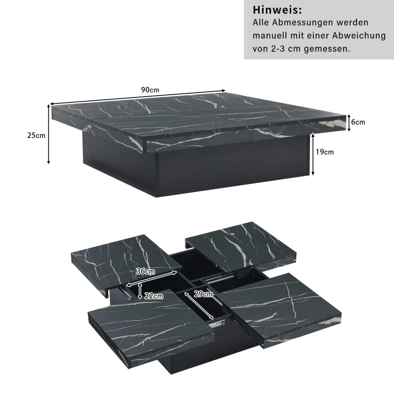 Modern Square Coffee Table with Sliding Top and 4 Built-In Drawers, Versatile Center Table for Living Spaces, 90L x 90W x 25H cm, Black