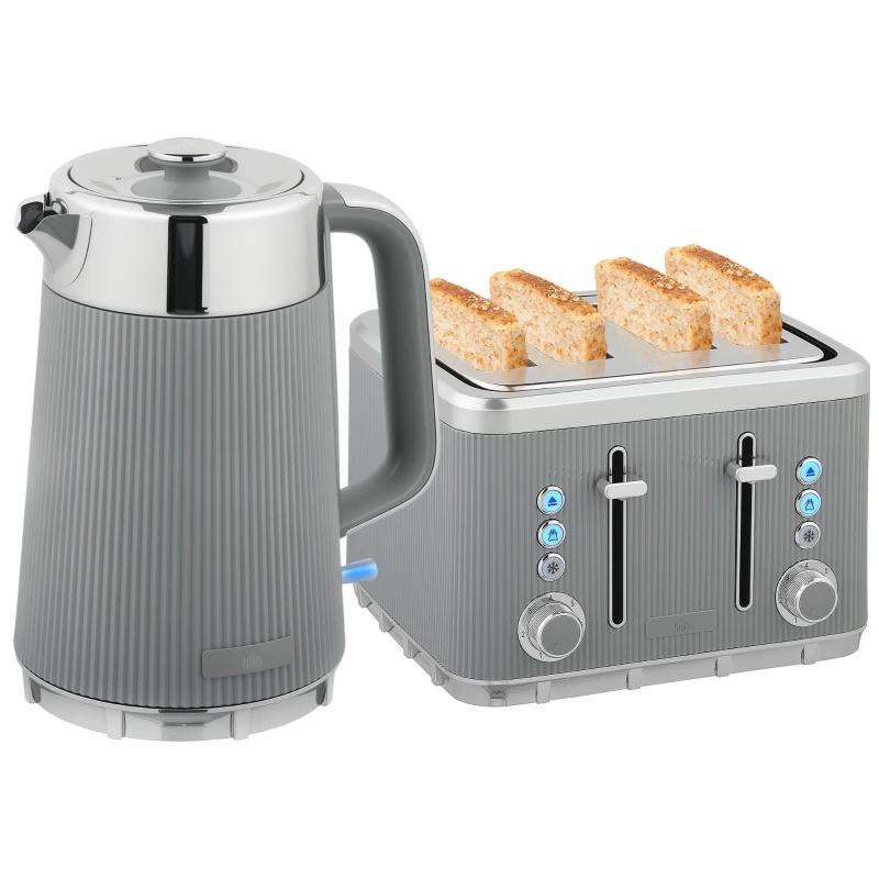 HOMCOM Electric Stainless Steel Kettle and Toaster Set, 3000W 1.7L UK Strix Thermostat Fast Boil Kettle w/ Limescale Filter, Cool Touch Body, 4 Slice Toaster with 7 Browning Levels, Crumb Tray, Taupe