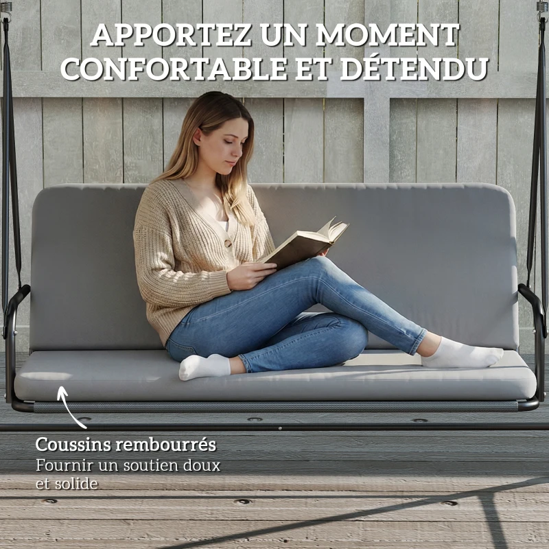 Outsunny Balancelle de Jardin 3 Places, Balançoire Extérieure avec Toit réglable et Coussin Épais Amovible, 208x125x180cm, Gris