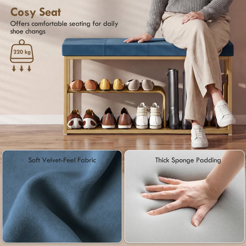 HOMCOM Bench and Shoe Storage, Tufted Shoe Storage Bench with Velvet Seat Cushion Gold Steel Frame for Entryway, Dark Blue