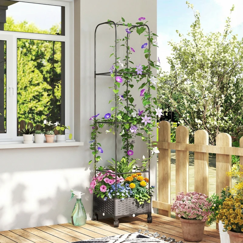 Outsunny Hochbeet mit Rankgitter mobiler Blumenkasten mit Rolle Abflussloch, Pflanzkasten 40 x 40 x 185 cm