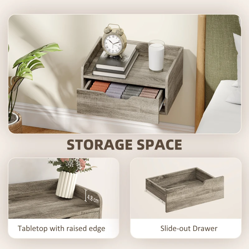 HOMCOM Floating Nightstands Set of 2, Wall Mounted Bedside Table with Drawer for Bedroom, Grey Wood Effect