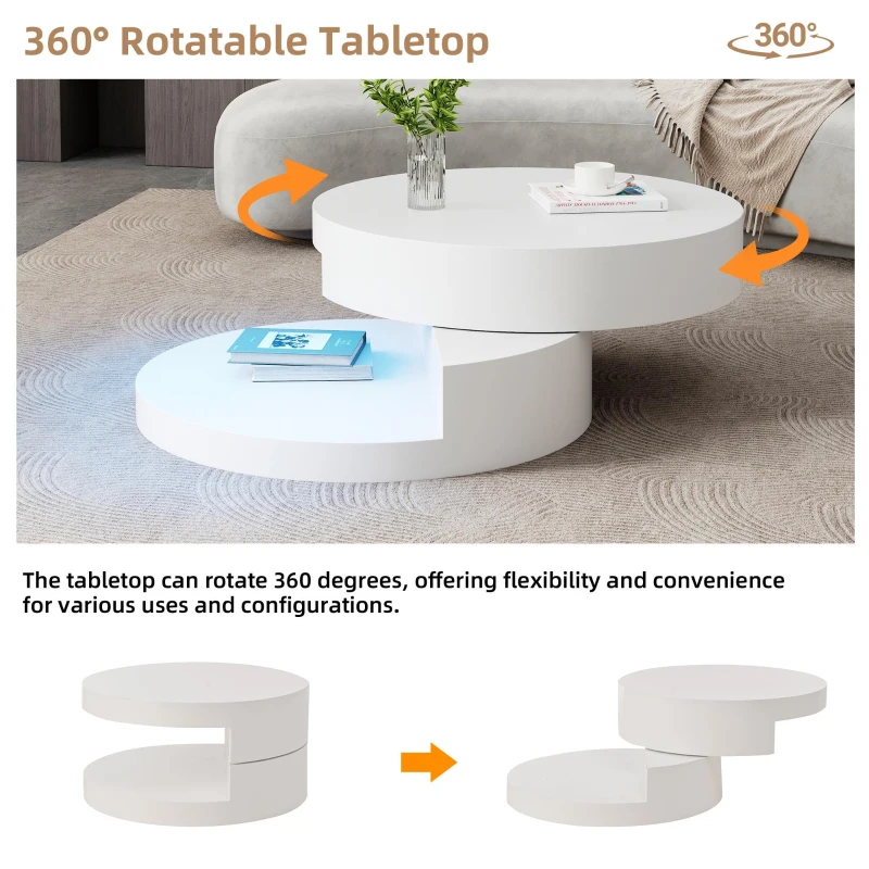 Round Rotating Coffee Table with Remote-Controlled LED Strip, Space-Saving Tabletop with Double-Layer Storage, 70L x 70W x 35.5H cm, White