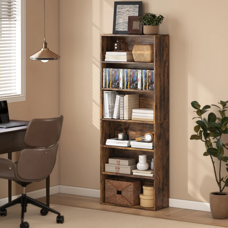 HOMCOM Six Shelf Bookcase - Rustic Brown