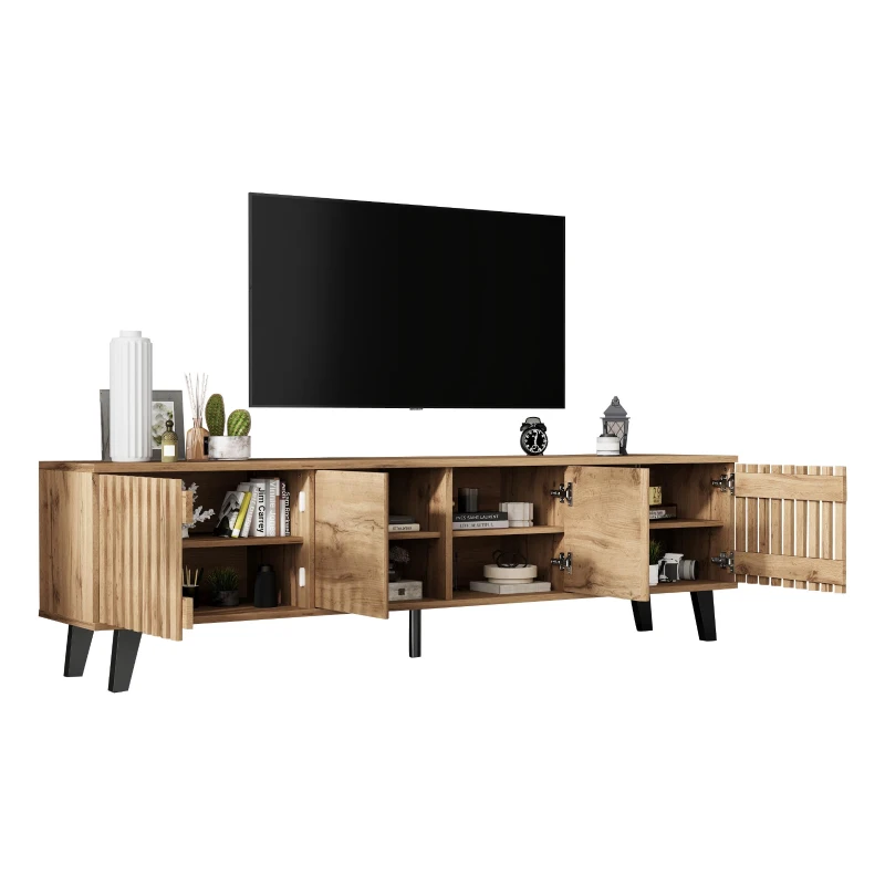 Modern Vintage TV Stand with Sturdy Five-Legged Support, Spacious Unit with 4 Openwork Doors and 9 Shelves, 180L x 40W x 55H cm, Wood