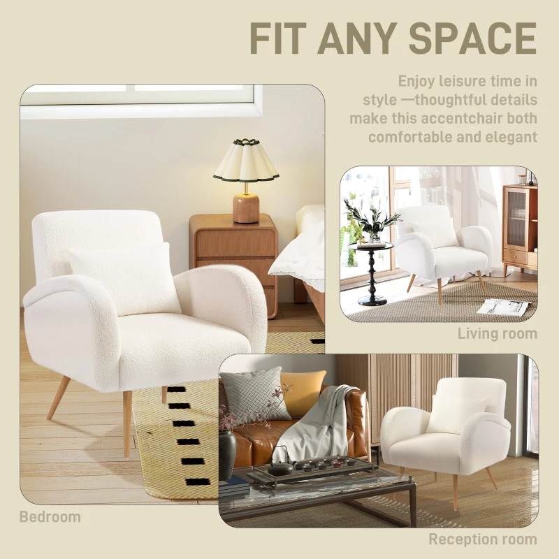 HOMCOM Fotel tapicerowany, pokrycie polarowe, fotel z podłokietnikami z poduszką lędźwiową, metalowe nogi, fotel do czytania, kremowy biały