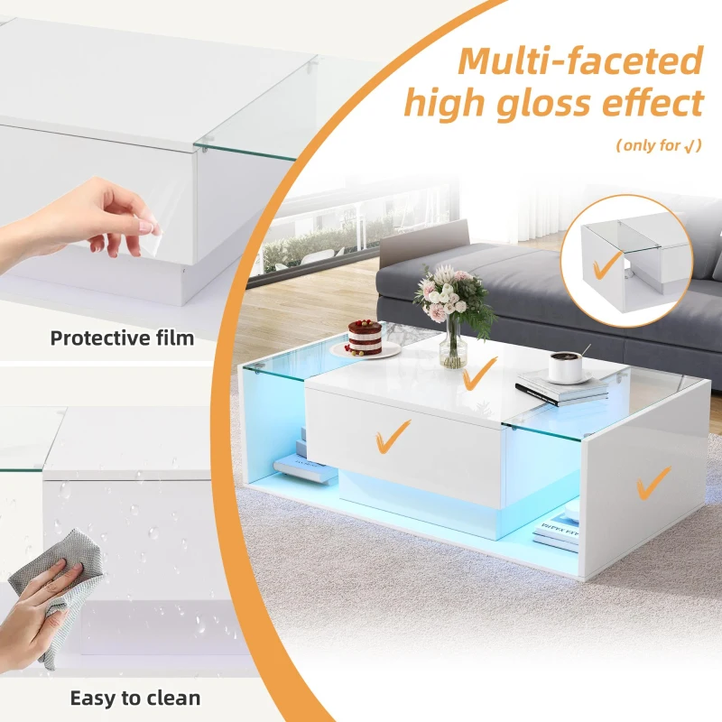 High-Gloss Coffee Table with a Drawer and Semi-Open Storage, Modern Centre Table for Living Room and Office, 100L x 50W x 31H cm, White