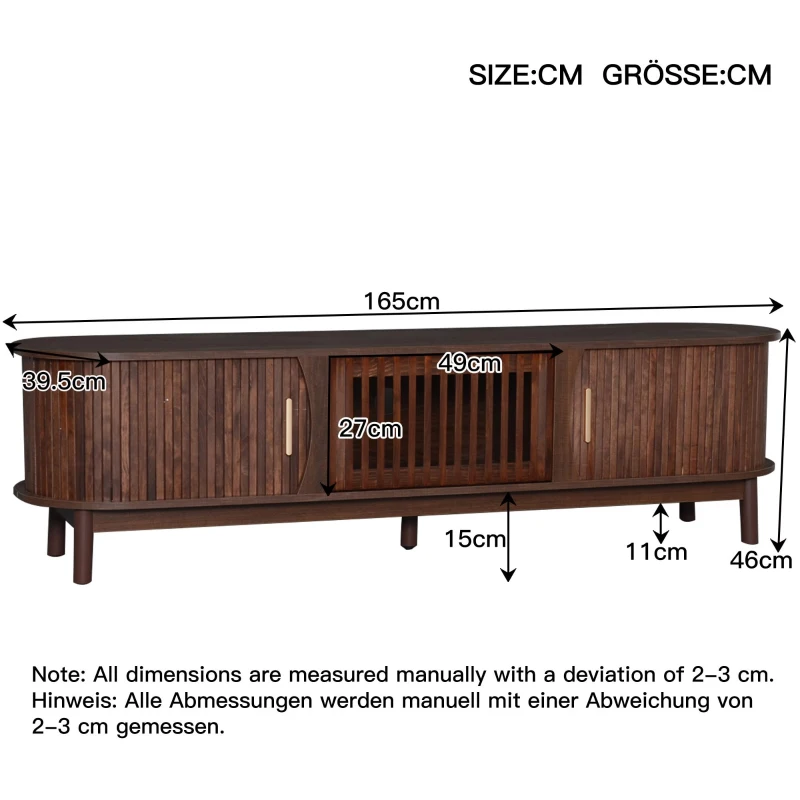 Retro MDF TV Stand with Sliding Wood-Slat Doors, Sturdy Unit with 3 Compartments for 65-Inch TV, 165L x 39.5W x 46H cm, Dark Oak