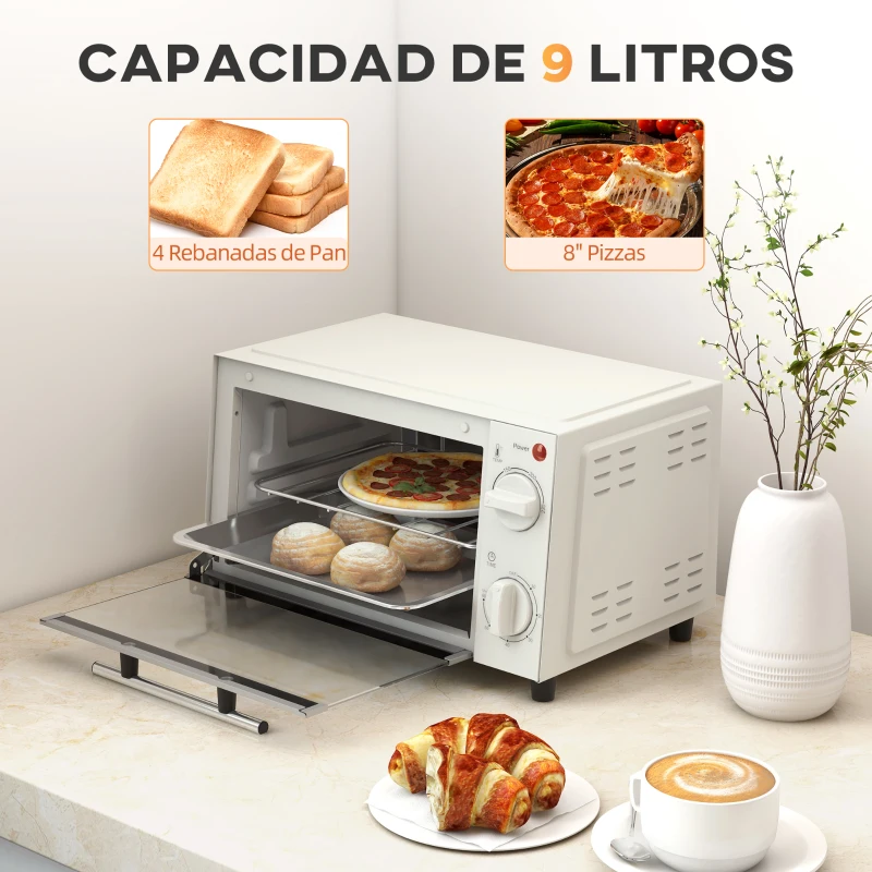 HOMCOM Mini Horno Eléctrico 9L Horno Eléctrico Sobremesa 750W con Temperatura Ajustable Temporizador 35x24,6x20 cm Blanco Crema