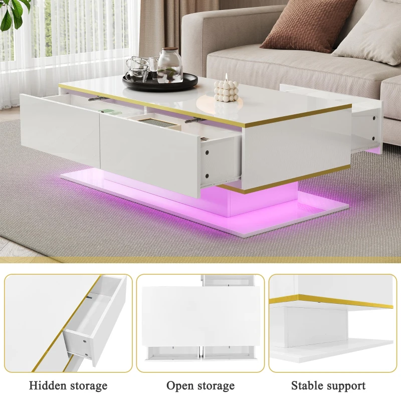 Modern LED Coffee Table with High-Gloss Finish and Gold Accents, Illuminated Unit with Drawers and Storage, 100L x 50W x 40H cm, White