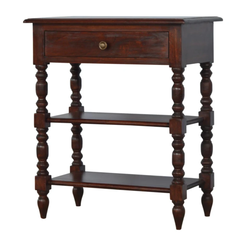 Handcrafted Solid Mango Wood Occasional Table with Turned Legs, Pre-assembled Unit with Drawer and Shelves, 60L x 35W x 70H cm, Brown