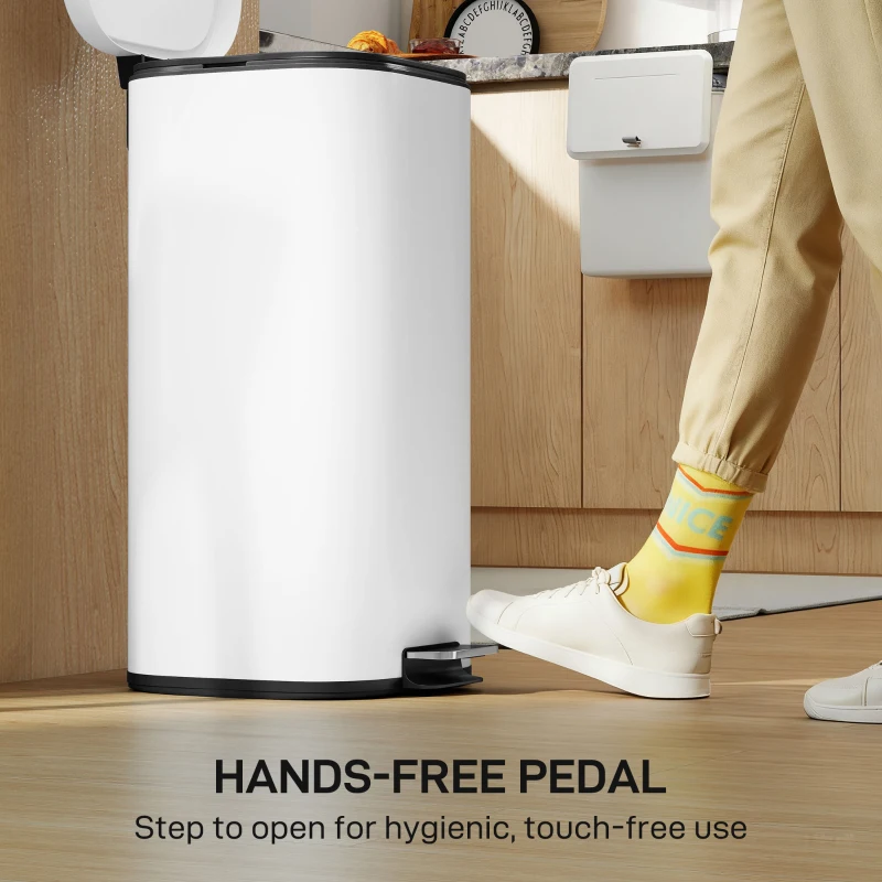 HOMCOM 30L Kitchen Bin, Compact Pedal Bin with Soft-Close and Stay-Open Lid, Removable Bucket for Kitchen, Home, Office, White