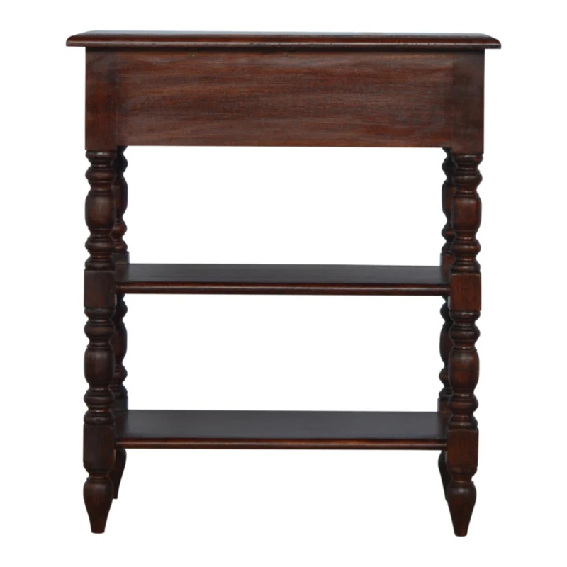 Handcrafted Solid Mango Wood Occasional Table with Turned Legs, Pre-assembled Unit with Drawer and Shelves, 60L x 35W x 70H cm, Brown