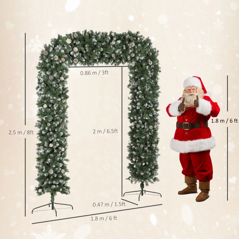 HOMCOM 8.2 ft Snow Frosted Christmas Tree Arch, Christmas Arch Doorway Decor with 1800 Tips and 91 Pinecones, Artificial Xmas Tree with Metal Stand for Indoor, Green